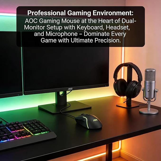 AOC GM170 Wired Gaming Mouse, Black Ergonomic Gamer Corded Mouse USB Computer Mouse Wired with 7 Buttons, Adjustable 7200DPI Optical Game Mice RGB Lighting for PC Laptop Desktop
