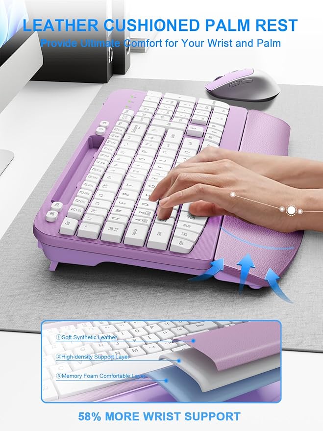 Wireless Keyboard and Mouse Combo, Wave Keys Computer Ergonomic Keyboard with Cushioned Plam Rest, Phone Holder, 2.4GHz Silent 6 Button Wireless Mouse Set for Laptop, PC, Windows, Mac (Purple)