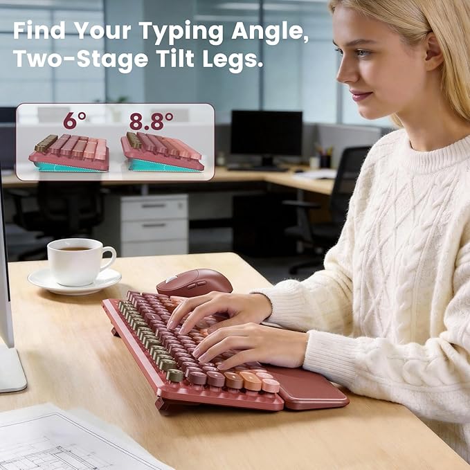 Wireless Keyboard and Mouse Combo, Magnetic Soft-Touch Wrist Rest, Round Keycaps, Full-Size Retro Typewriter Keyboard, 2-Stage Tilt Legs, Auto Sleep, 2.4GHz Cordless for Windows PC, Rose Pink Ombre