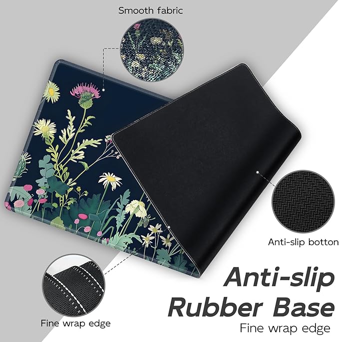 Gaming Mouse Pad Set, Wildflowers Illustration Large Desk Mat Mousepad, Keyboard Wrist Support, Mouse Wrist Rest, Coaster 4in1 Ergonomic Memory Foam, Non-Slip Stitched Edge for Home Office