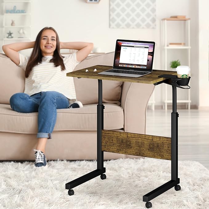 Klvied Standing Desk Adjustable Height, Stand Up Desk with Cup Holder, Portable and Easy to Move Bedside Table, Ideal for Home or Office, Walnut
