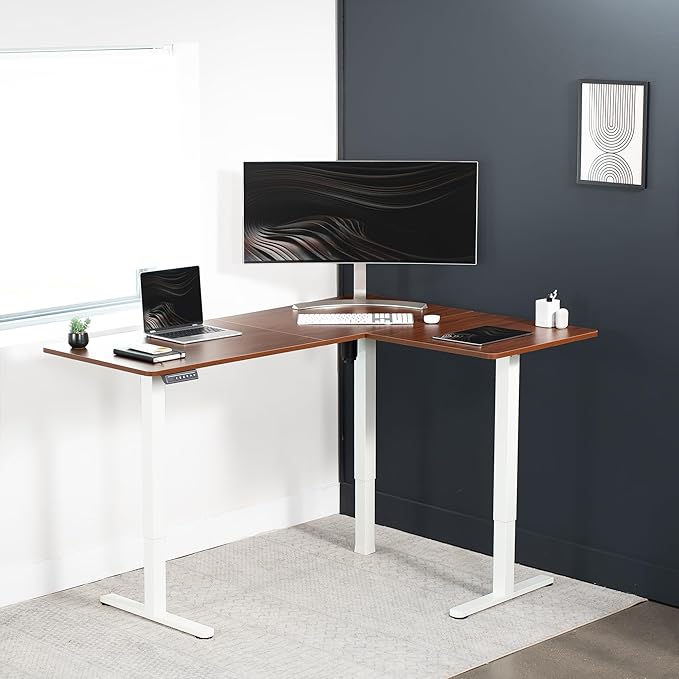 VIVO Corner Standing Desk, 63 x 47 inch Reversible L-Shaped Workstation, Electric Height Adjustment, Home, Office, and Reception Rooms, Dark Walnut Table Top White Frame, DESK-E3CTWD-47
