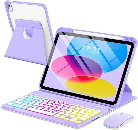 Case with Keyboard Mouse for iPad A16 11th 10th Generation 11/10.9 inch,Rainbow Backlit Detachable Keypad Rotatable Magnetic Cover with Pencil Holder for iPad 11 2025 10 Gen 2022 Purple