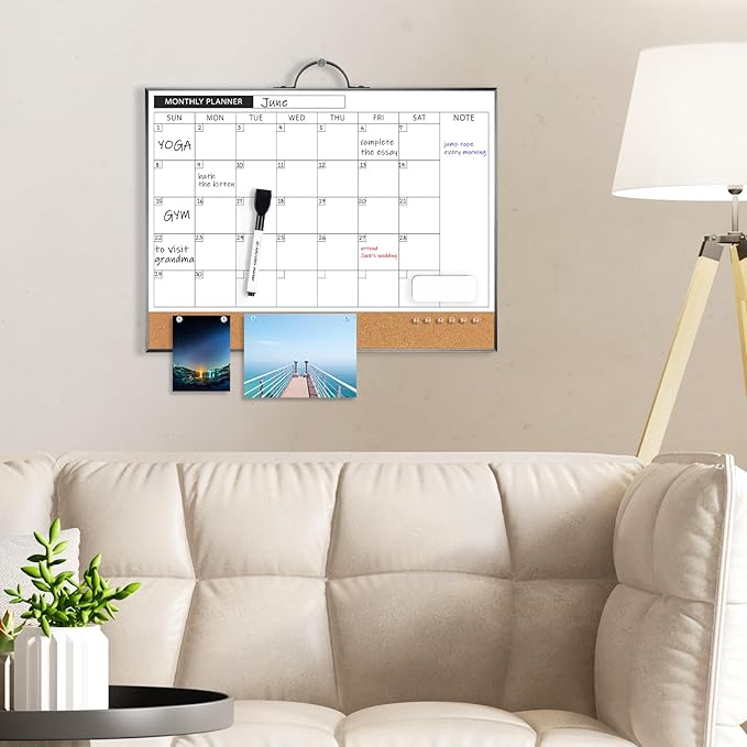 ARCOBIS Calendar Whiteboard Cork Board Combination for Wall, 12"x16" Double-Sided Monthly Dry Erase Calendar, Magnetic White Board for Planning, Office, School, Home, Black