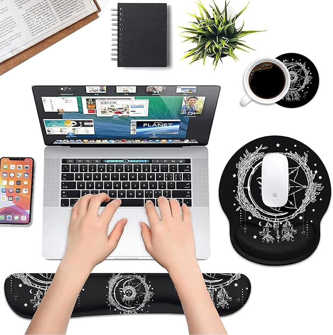 Keyboard Wrist Rest and Mouse Pad Wrist Support Set, Non-Slip PU Base, Easy Typing and Relieve Wrist Pain, Perfect for Home Office Working Studying, Celestial Theme Sun with Crescent Moon