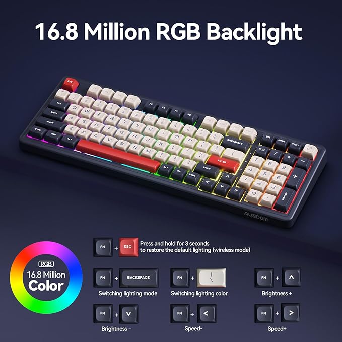 AUSDOM Wireless Bluetooth Mechanical Keyboard, BT5.3/Type-C/2.4G Tri-Mode Hot swappable Custom Gaming Keyboards, Gasket, RGB, Numpad, Blue Computer Keyboard for Mac/Win/Office, 98 Keys(Click Sound)
