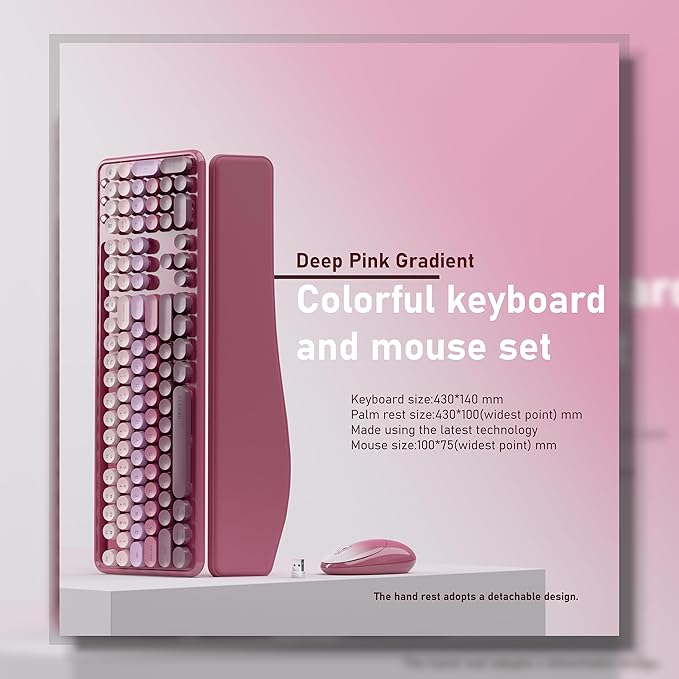 UBOTIE Wireless Keyboard and Mouse Combo with Phone Holder and Wrist Rest, Round Colorful Keys, Power Switches, 2.4GHz USB Receiver, Full-Size QWERTY Layout for PC Laptop(Rose-Red Gradient)
