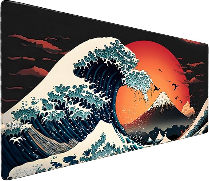 Japanese Sea Wave Large Gaming Mouse Pad – 35.4" x 15.7" Full Desk Mat, Non-Slip Rubber Base, Stitched Edges, Waterproof, Durable Surface for Esports, Office, Home