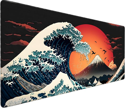 Japanese Sea Wave Large Gaming Mouse Pad – 35.4" x 15.7" Full Desk Mat, Non-Slip Rubber Base, Stitched Edges, Waterproof, Durable Surface for Esports, Office, Home