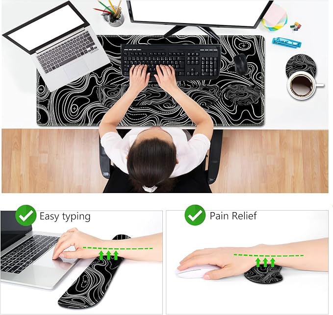 AIMSA Keyboard Mouse Pad Set, Large Gaming Mouse Pad +Wrist Rest Mouse Pad +Keyboard Wrist Support +Coaster, 35x15.7 inch Extended Desk Mat for Easy Typing Pain Relief (Black Topographic)