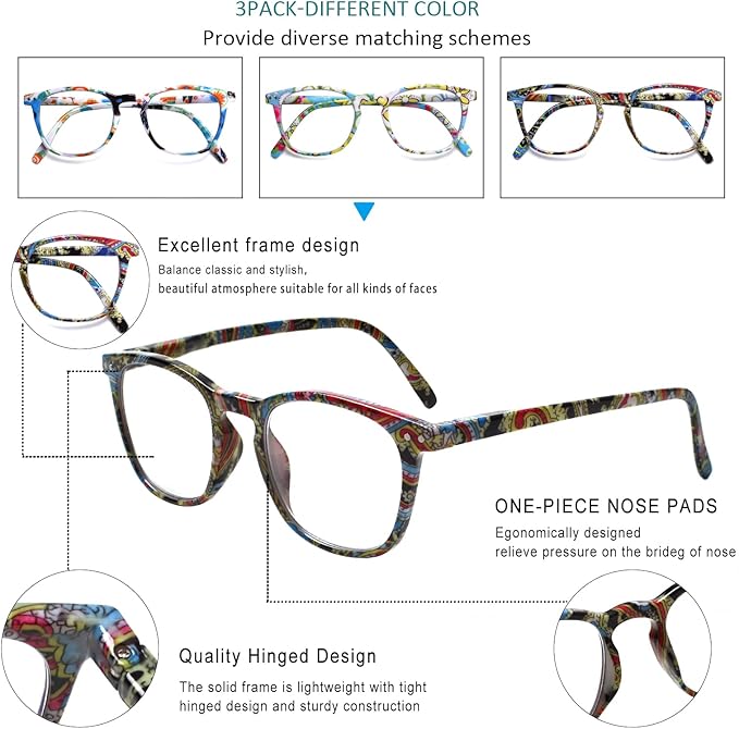 Henotin 3-Pack Blue Light Blocking Reading Glasses,Spring Hinge Computer Readers for Men Women,Anti UV Ray Filter Eyeglasses (readers for women, 0.0)