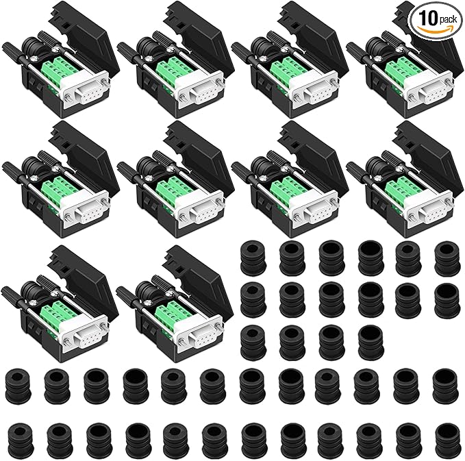 10PCS DB9 Female Breakout Connector,DB9 Solderless RS232 D-SUB Serial to 9-pin Port Terminal Adapter Connector Breakout Board with Case Long Bolts Tail Pipe