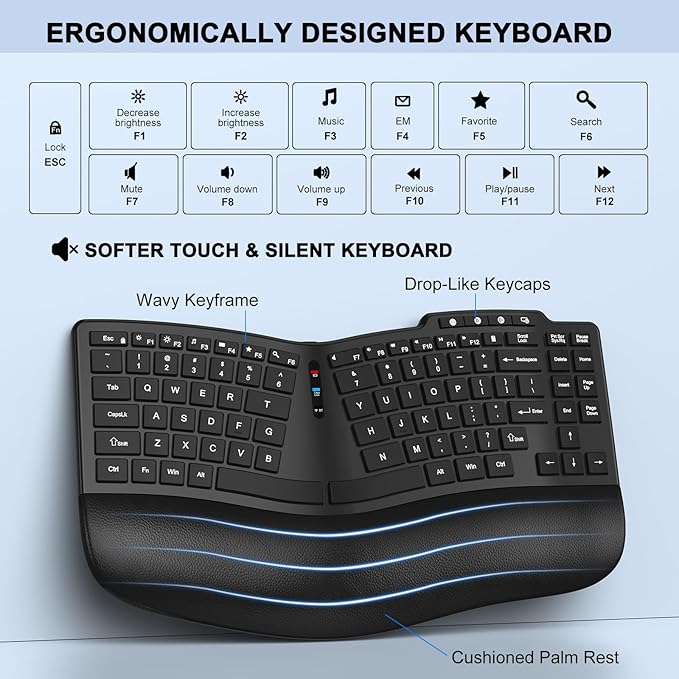 Ergonomic Wireless Keyboard Mouse, Wave Key Bluetooth/2.4G Split Design Ergo Keyboard Mouse Combo with Cushioned Palm Rest, Multi-Device, Rechargeable, for Multi-OS, Windows/Mac/Android