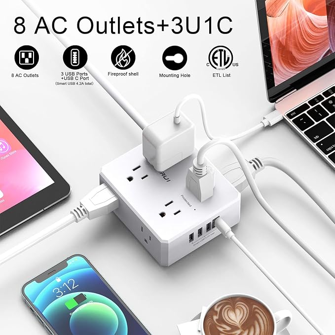 Surge Protector Power Strip - 15 Ft Flat Plug Extension Cord with 8 Widely Outlets and 4 USB Ports(1 USB C), 3 Side Outlet Extender for Home Office, White, ETL Listed