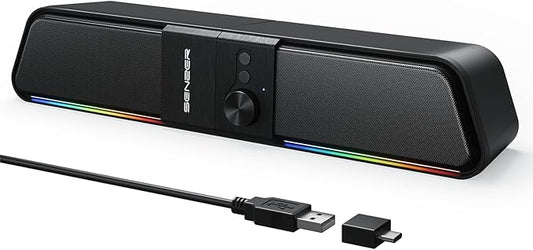 SENZER CS20 2 in 1 Bluetooth Computer Speakers for Desktop, USB Plug & Play Clear Sound PC Speakers with RGB Light, Monitor Sound Bar with Volume Knob, Gaming Speaker for PC Laptop Phone Tablet