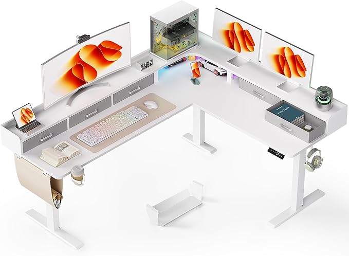 75 Inches Height Adjustable L Shaped Standing Desk with 5 Drawers and Monitor Shelf, Electric Sit to Stand Home Office Comupter Table, Ergonomic Corner Gaming Desk, White