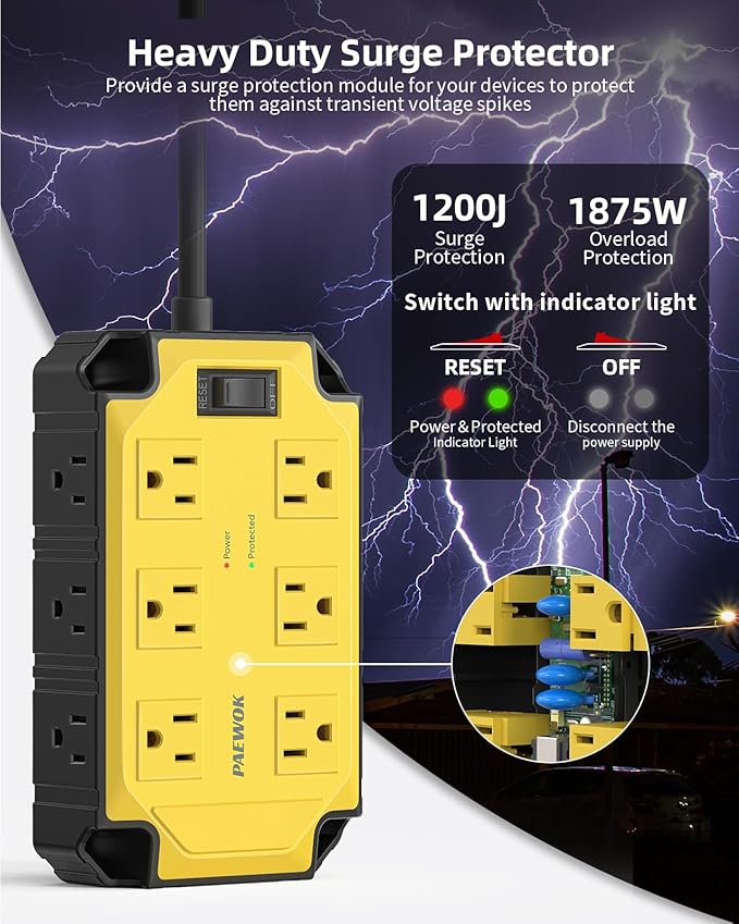 Surge Protector Power Strip 15 Amps/1200 Joules, 12 Outlets Magnetic Heavy Duty Power Strip, 6.5 FT Extension Cord with Multiple Outlets for Industrial Shop Garage (Yellow)