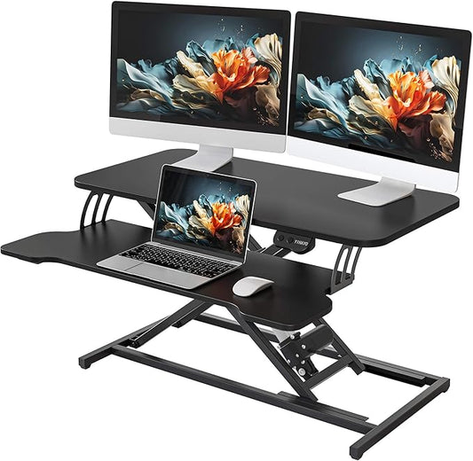 YIHAYO Electric Standing Desk Converter 32 inch, Sit to Stand Up Height Adjustable Desk Riser, Quick Sit to Stand Tabletop Dual Monitor Riser Workstation for Home Office with Keyboard Tray, Black