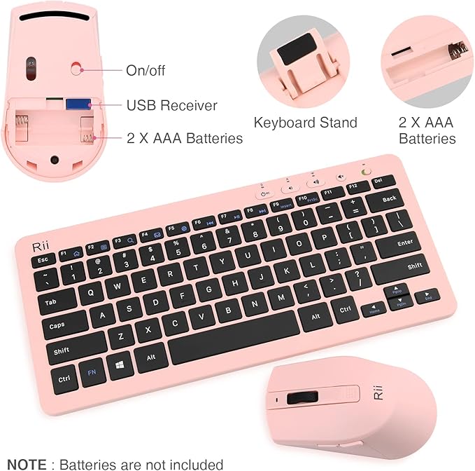 Rii RKM709 2.4 Gigahertz Ultra-Slim Wireless Keyboard and Mouse Combo, Multimedia Office Keyboard for PC, Laptop and Desktop,Business Office(Pink)