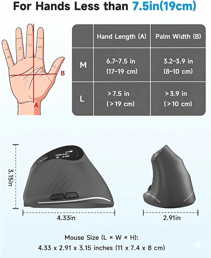 AOC 2.4GHz Ergonomic Mouse, Wireless Bluetooth Vertical Mouse for Work, 4800 DPI Optical Tracking, 5 Adjustable DPI, Quiet Clicks, RGB Light, Compatible with Computer, Laptop, PC, Mac, Desktop - Gray