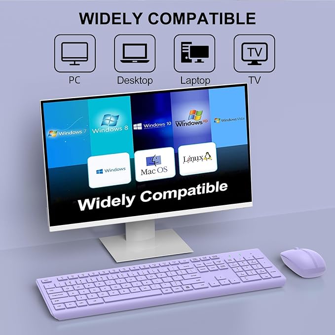 Wireless Keyboard and Mouse Combo, Full-Size Silent Ergonomic Keyboard and Optical Mouse, Long Battery Life, 2.4GHz Lag-Free Cordless Mice Keyboard for Computer, Mac, Laptop, PC, Windows(Purple)