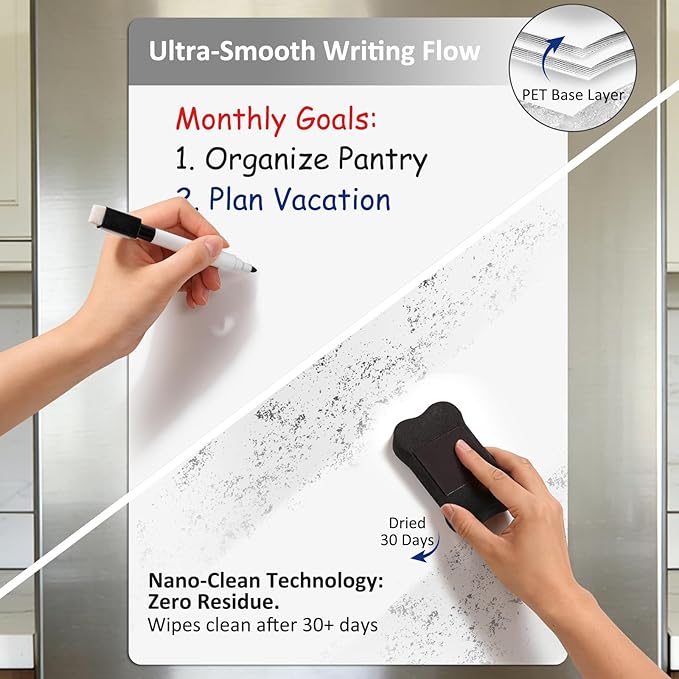 Magnetic Whiteboard for Fridge 18"x12": Magnet Dry Erase Board Sheet for Kitchen Curved Refrigerator as Grocery List Organizer with Markers and Eraser