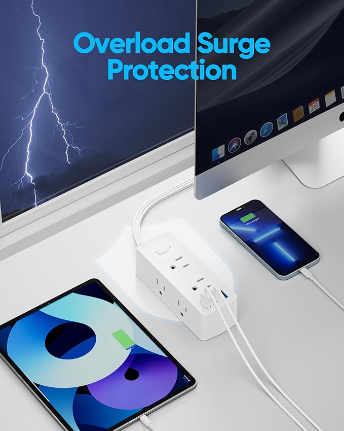 Short Extension Cord 1ft - Olcorife Flat Plug Power Strip with 6 Outlets 3 USB Ports(1 USB C), Small Outlet Extender for Travel Dorm Room Essentials, White