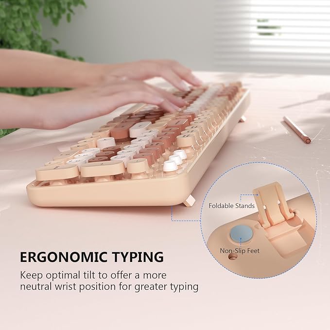 Wireless Keyboard and Mouse Combo, MOFII Full-Size Retro Round Keyboard and Mouse, 2.4 GHz Wireless, Plug and Play, 8 Multimedia & Shortcut Keysfor Mac, Windows, Laptop/Desktop/PC (Creamy)