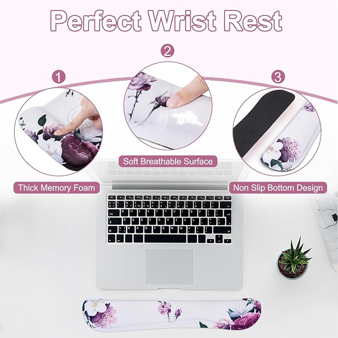 MEGREZ 4-in-1 Ergonomic Memory Foam Wrist Rest Set, Desk Pad, Mouse Pad with Wrist Rest, Keyboard Pad, Suitable for Office Workers, Programmers & Gamers–Relieve Typing & Gaming Fatigue, White