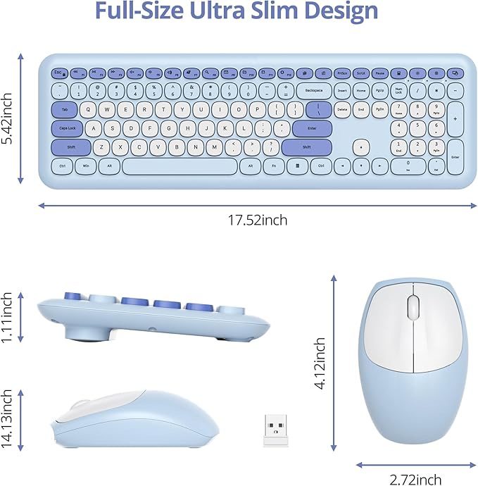 surmen Blue Keyboard and Mouse Wireless, Cute Wireless Typewriter, Full Size Slim Silent Keyboard Round Keys Aesthetic for Home and Office(Colorful Blue)