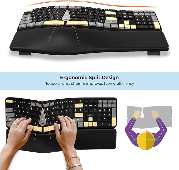 KYSONA Ergonomic Keyboard Mouse Wireless Combo, Full Size Bluetooth Split Keyboard with Wrist Rest, 4 Level DPI Ergo Mouse for Windows Mac OS Computer, Colorful Black