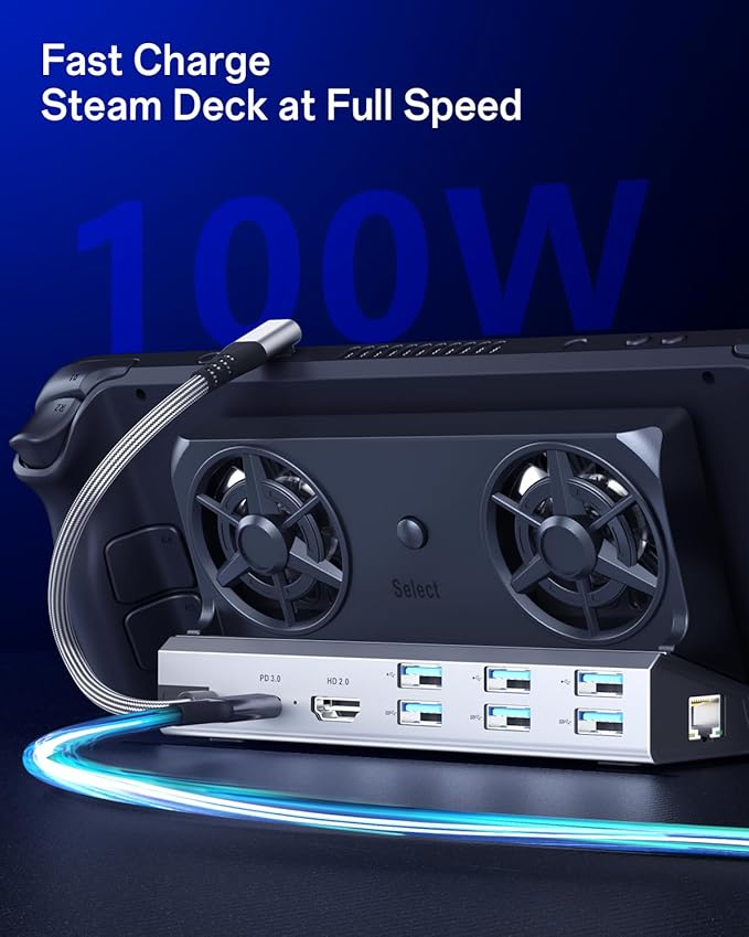 Dual Cooling Fans 12 in 1 Steam Deck Docking Station with 4K@60Hz 2.0,6 USB Ports,1000Mbps,USB-C 100W PD,40Gbps Adapter for Steam Deck/Rog Ally/Switch/Legion Go