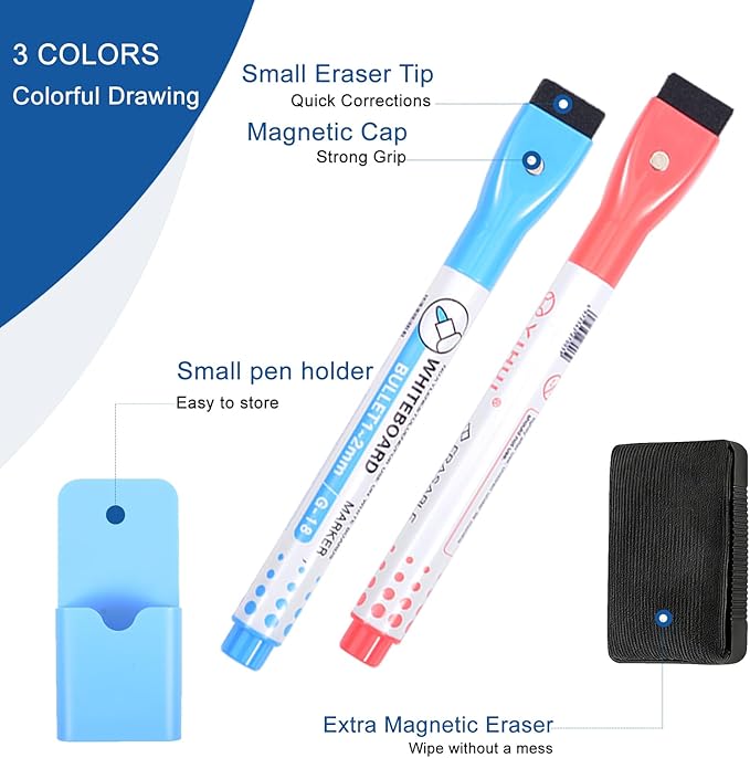 24x16 Inch Magnetic Refrigerator Whiteboard - Single Pack Flexible Dry Erase Memo Board with 6 Markers, Eraser & 1 Pen Holder, for Kitchen Office Home Notes Reminders Planning