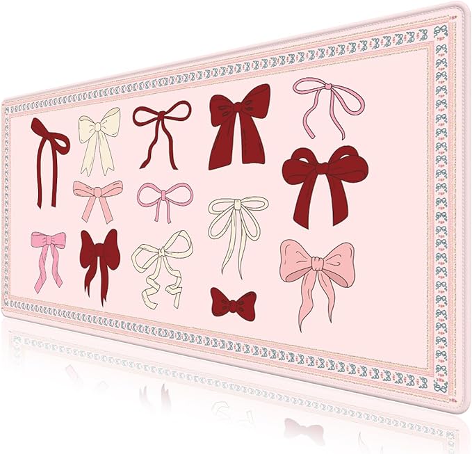 Desk Pad for Keyboard and Mouse, Large Mouse Pad for Desk, Non-Slip Keyboard Mat, Computer Mats for Desk, Desk Pad with Stitched Edges for Office, Gaming Girl Women I Cute Pink Red Bow