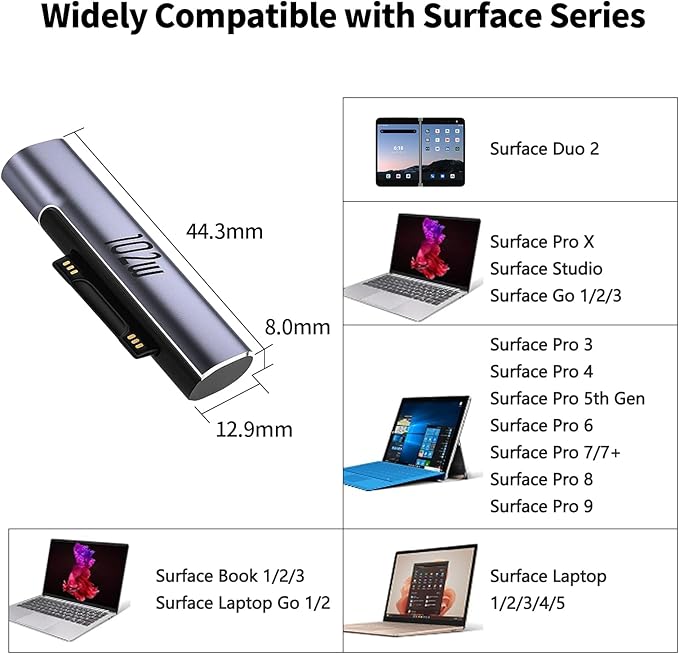 2Pack Magnetic Charger for Surface - 102W USB-C Female to Magnetic Male Charging Adapter, Type-C PD Power Charger Accessory for Microsoft Pro, Surface-Book, Surface-Go, Surface-Laptop, Surface-Duo 2
