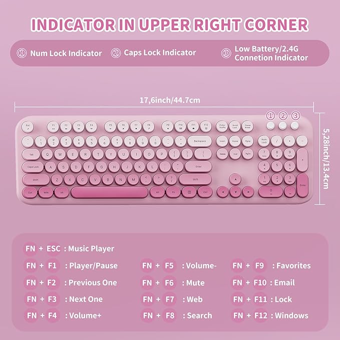 Wireless Keyboard and Mouse Combo, 2.4GHZ Typewriter Retro Full Size Keyboards, Cute Colorful Computer Keyboard and Wireless Mouse for Laptop/Desktop/Windows/PC (Pink Gradient)