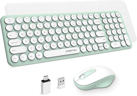 Wireless Keyboard and Mouse, XTREMTEC Compact Full Size Cute Keyboard Retro Round Keycap - 2.4GHz Ultra-Slim Quiet Aesthetic Keyboard for Laptop iMac Windows Computer (Macaron Green A)