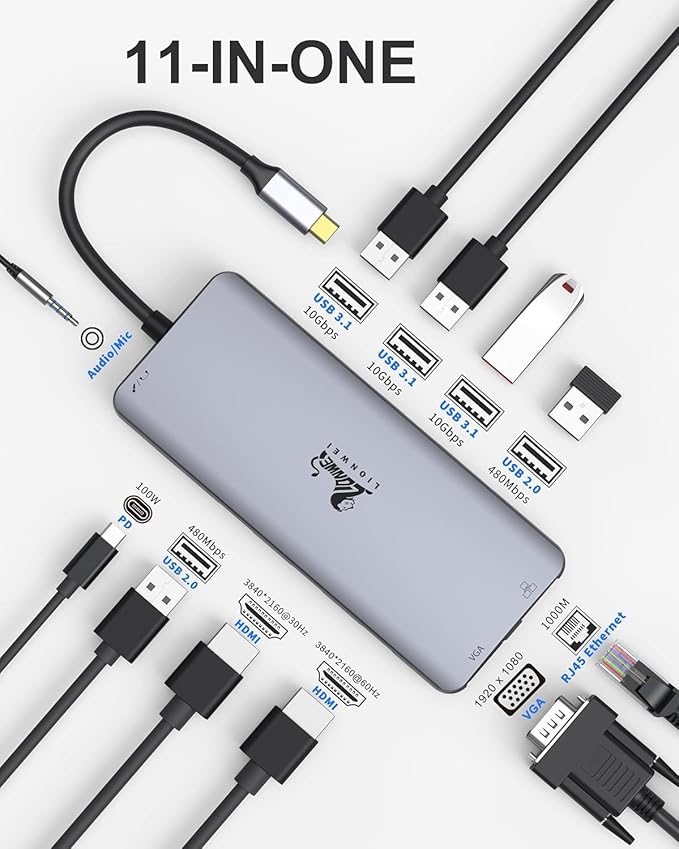 LIONWEI 11 in 1 USB C Laptop Docking Station Dual Monitor, Dual 4K HDMI+VGA, 3 * 10Gbps USB 3.1, PD, Ethernet, Audio/Mic, USB C Hub for Dell/Surface/HP/Lenovo Laptops