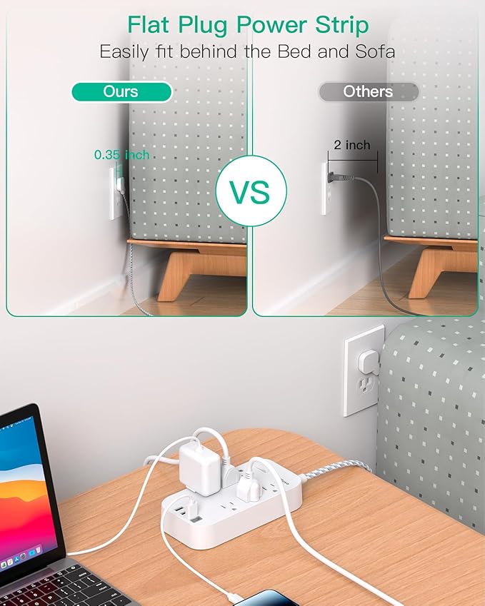 Flat Power Strip - 5 FT Plug Extension Cord, 6 Outlets 3 USB Ports Outlet Extender with Overload Protection, Wall Mount, Desktop Charging Station for Home, Office and Dorm Essential