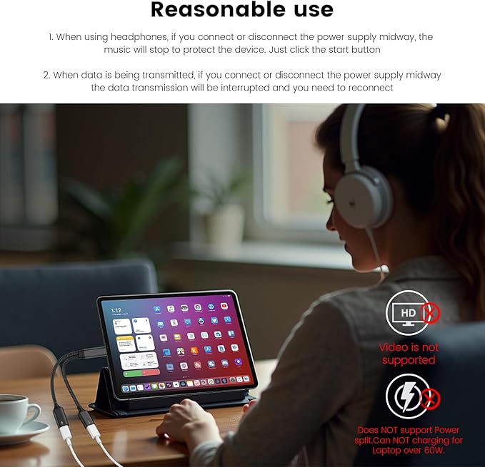 MOGOOD 60W USB C Splitter Cable, 2-in-1 USB-C Male to Dual USB-C Female, Charge While Using Headphones, SSD, DAC, or Controller – for Steam Deck, Quest 3, iPad, Samsung, Pixel (Not for Monitor)