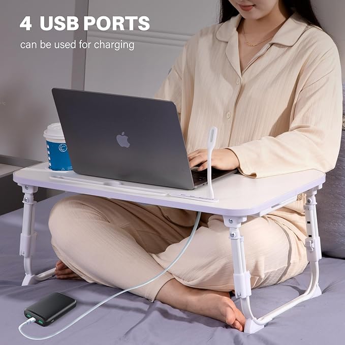Laptop Desk for Bed, Height Adjustable Laptop Bed Table, Foldable Portable Lap Desk Stand with USB/Storage Drawer/Cup Holder/Slot, Breakfast Tray for Working Reading Writing Eating, White