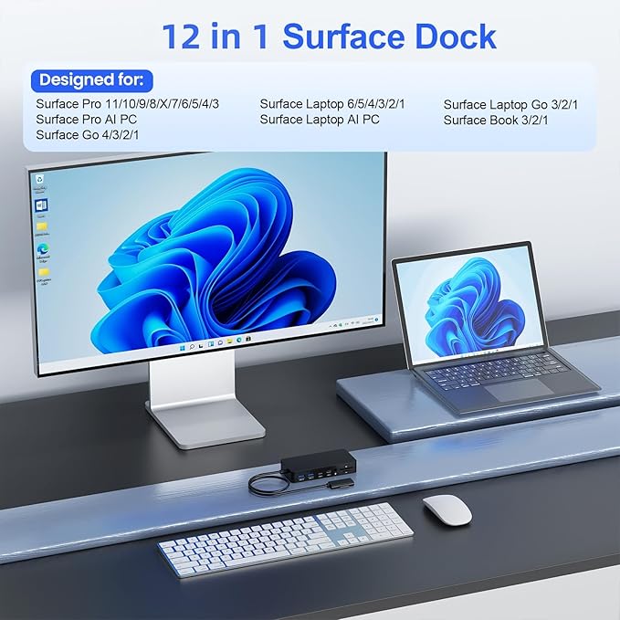 New Surface Dock Triple Displays 4K HDMI+DP+Thunderbolt 4, 12 in 1 Surface Pro Docking Station with 120W Power Adapter for Surface Pro 11/10/9/8/X/7/6/5/4/3, Surface Laptop, Surface Book Go