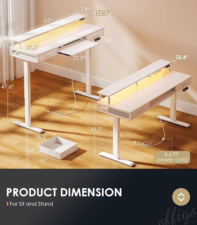 OffiGo Electric Standing Desk with Drawers & Keyboard Tray, 63 Inch Height Adjustable Desk with Power Outlets & LED Lights, Sit Stand Table with Monitor Stand for Home, Office, White