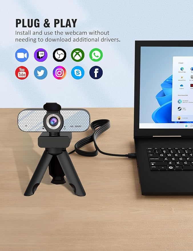 1080P HD Webcam with Built-in Microphone, Rotatable Tripod, Wide-Angle Lens,Privacy Cover, Auto Light Correction, Plug & Play USB-A Webcam for Laptop, Desktop, PC, Streaming-White