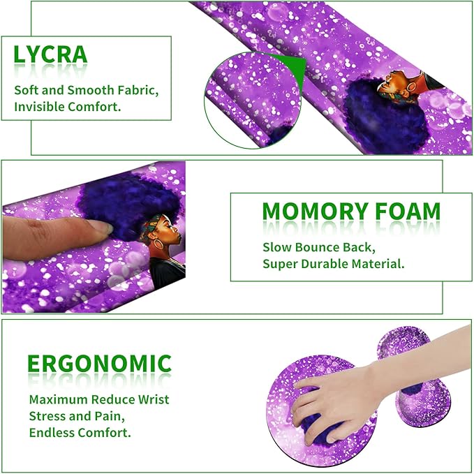 Ergonomic Keyboard Wrist Rests Gel Memory Foam Mouse Pad with Round Mousepad + Coasters, Wrist Support Set with Non Slip Base for Gaming Office Laptop Easy Typing & Pain Relief, Purple African Girl