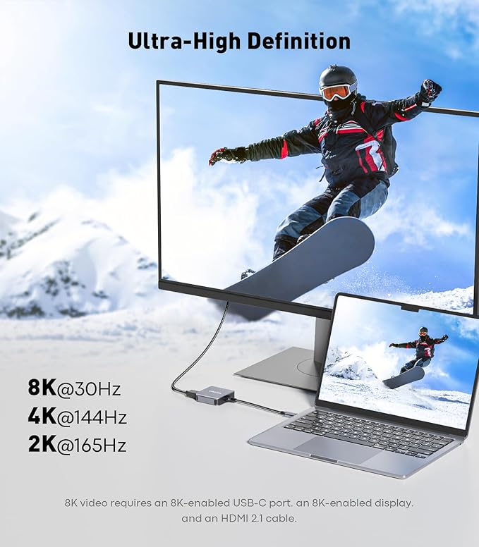 USB C to HDMI 2.1 Adapter with 100W USBC Charging Port, Supports [8K, 4K@120Hz/60Hz HDR], 48Gbps Thunderbolt to HDMI Adapter Compatible for Laptop, iPhone 15/16, Switch 1/2, Steam Deck