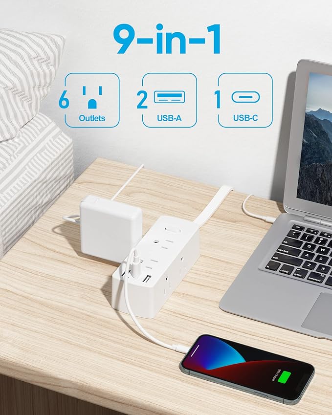 Flat Extension Cord 20ft, Olcorife Flat Plug Power Strip with 6 Outlets 3 USB Ports(1 USB C), 3-Side Outlet Extender Surge Protector for Home Office Dorm Room Essentials, White