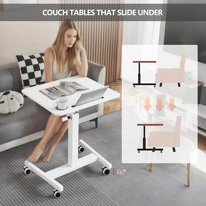 Mobile Standing Desk,Height Adjustable Home Office Desk with Wheels&Cup Holder,Hand Crank Sit Stand Desk and Laptop Cart,Computer Workstation for Home Office Classroom Hospital (Manual White)