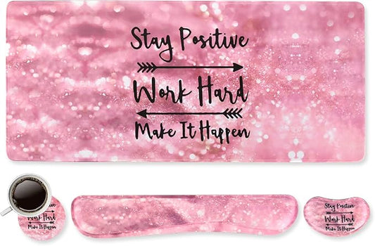 DINKY Keyboard Mouse Pad Set, Large Gaming Mousepad + Memory Foam Ergonomic Keyboard Wrist Rest Support, Easy Typing Pain Relief, 4Pcs (35.4" x 15.7") Extended Desk Mat -Pink Glitter Letters