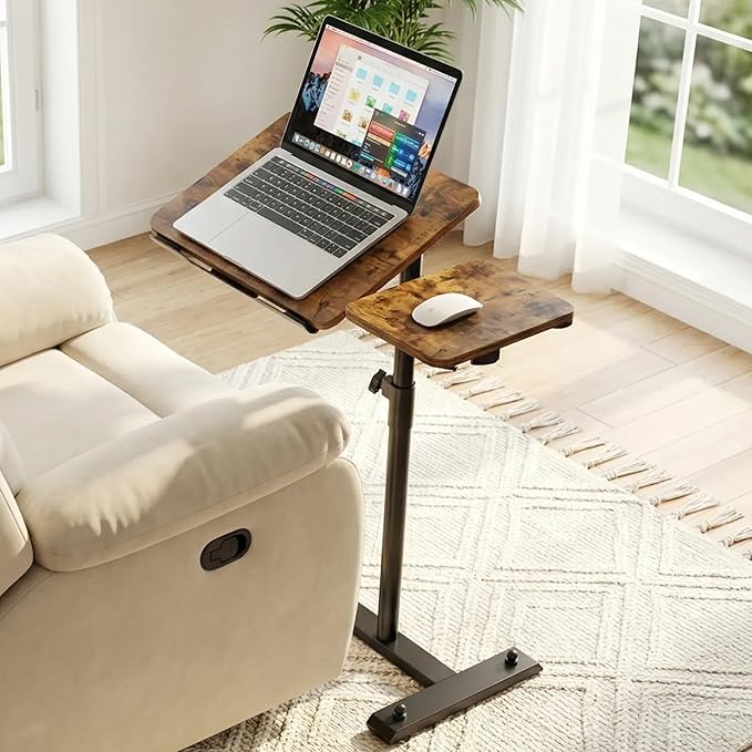 Rolling Table for Laptop Stand, Height and Angle Adjustable Over Bed Table with Wheels, Tilt-Top Laptop Desk for Couch with Cup Holder, Bed Table Tray for Eating (Rustic)